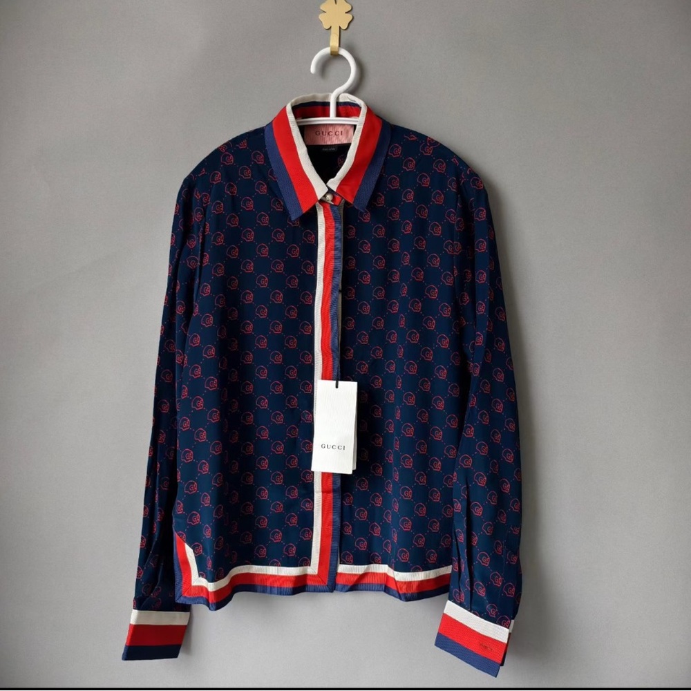 🚩steal authentic Gucci Dark Blue and Red Patterned Shirt